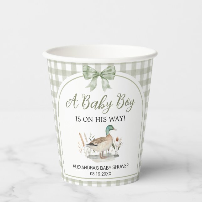 Vasos De Papel Gingham Sage Green Mallard Duck Baby Shower (Anverso)