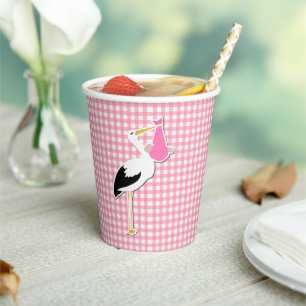Vasos De Papel Gingham y Baby Shower Stork