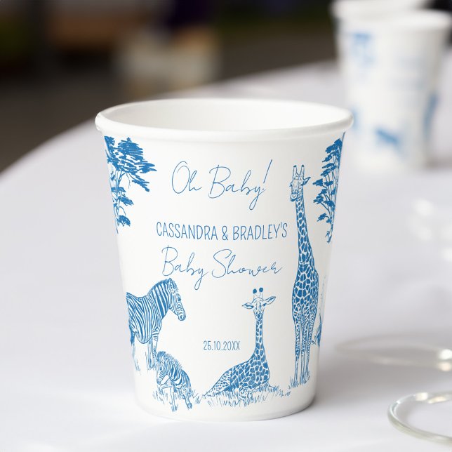 Vasos De Papel Girafa de toile azul Safari ducha bebé monogramada (Safari blue toile de jouy giraffe African animals baby shower monogrammed personalized paper cups)