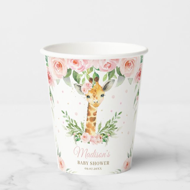 Vasos De Papel Giraffe Jungle Pink Floral Baby Shower Cumpleaños (Anverso)