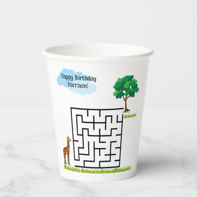 Vasos De Papel Giraffe personalizado cumpleaños maze puzzle cups  (Anverso)