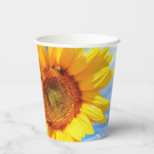 Vasos De Papel Girasol amarillo y abejas en el cielo azul - veran