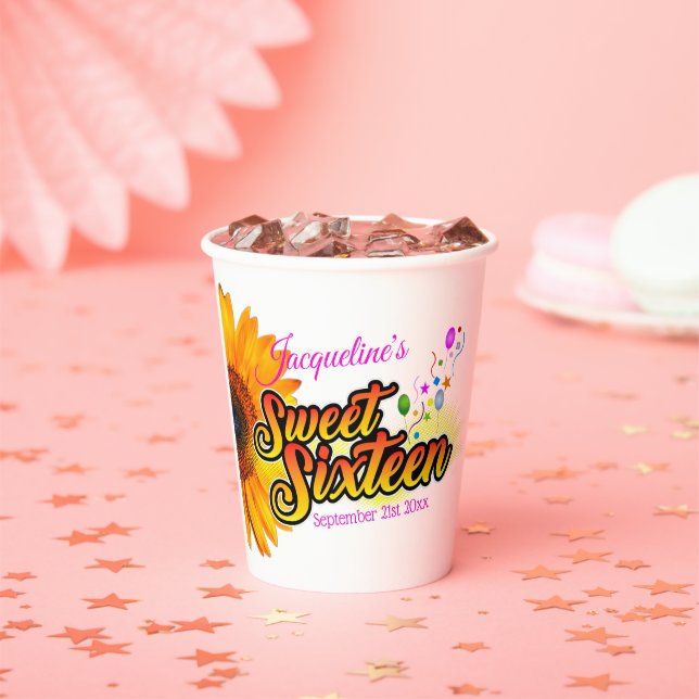 Vasos De Papel Girasol y globos sobre dulce blanco Dieciséis (in situ)