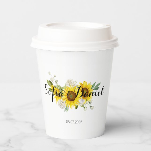 Vasos De Papel Girasoles acuarela rosas blancas boda  (Anverso)
