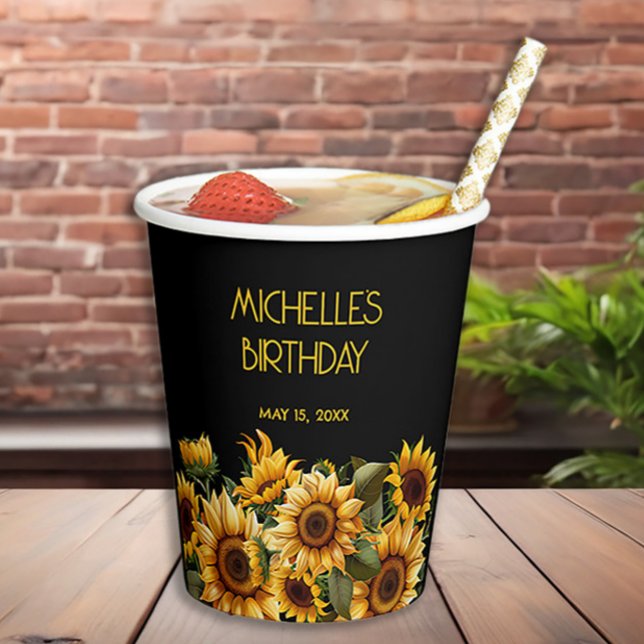 Vasos De Papel Girasoles Cumpleaños Nombre Rústico Elegante (Sunflowers on black birthday party paper cup)