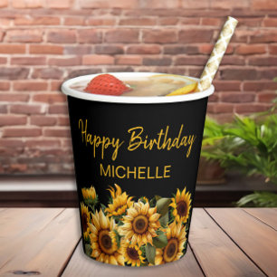 Vasos De Papel Girasoles Elegante Cumpleaños Feliz Nombre Negro