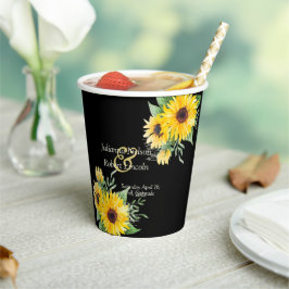 Vasos De Papel Girasoles en acuarela sobre boda negra  