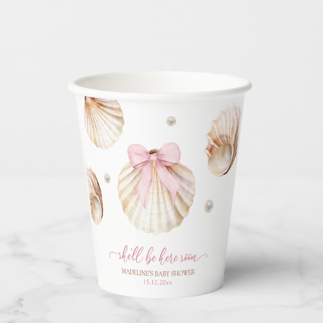 Vasos De Papel Girl Pink Bow Shell Baby Shower Paper Cups (Anverso)