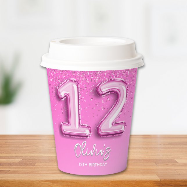 Vasos De Papel Girl's 12th Birthday with Pink Balloon Numbers (Subido por el creador)
