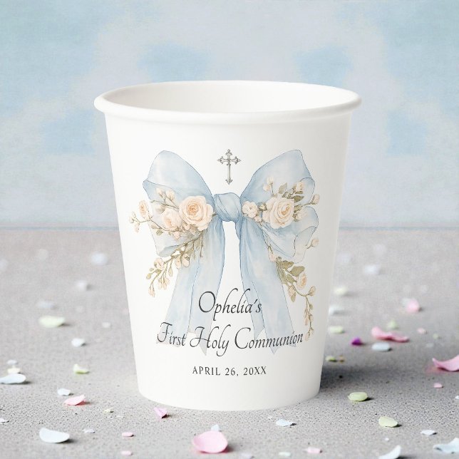 Vasos De Papel Girl's Dusty Blue First Communion Floral Bow (Subido por el creador)