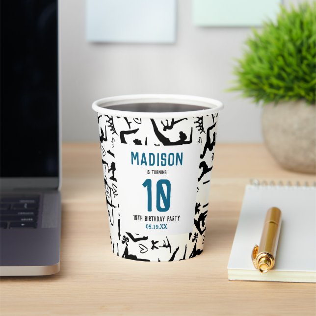 Vasos De Papel Girls Modern Black Gymnastics Kids 10th Birthday (in situ)