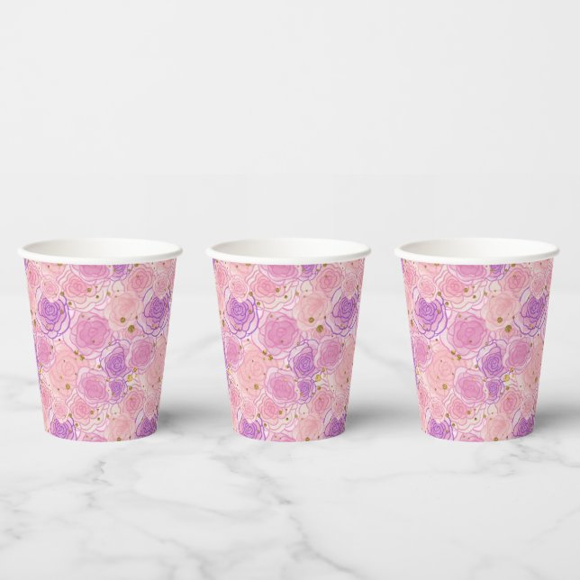 Vasos De Papel Girly Gold Purpurina Rosa Floral (Multi)
