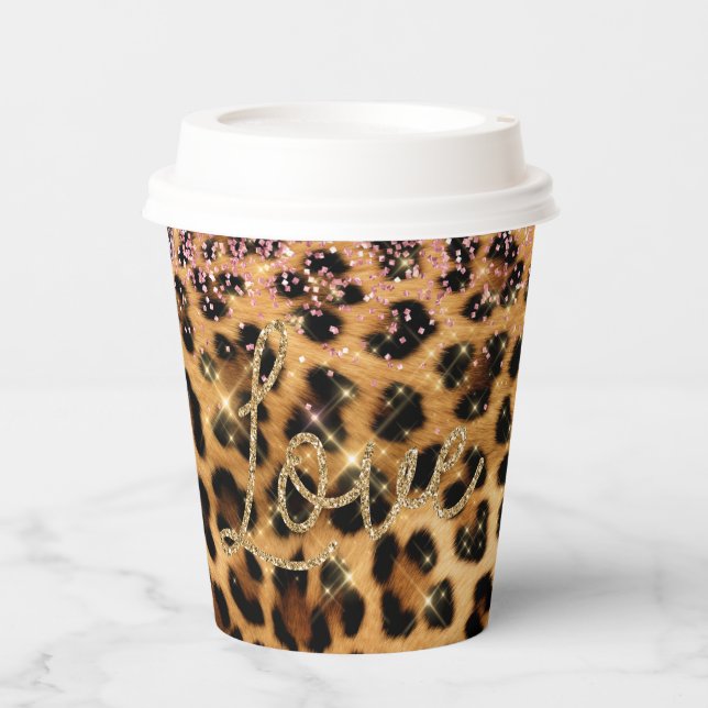 Vasos De Papel Girly Moda Leopard Purpurina de oro rosa amor (Anverso)