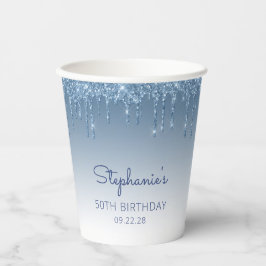 Vasos De Papel Glam Blue Purpurina Drip 50 cumpleaños