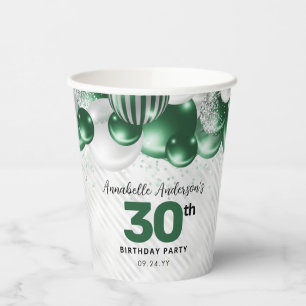 Vasos De Papel Glam Emerald Green Silver Balloon Purpurina Cumple