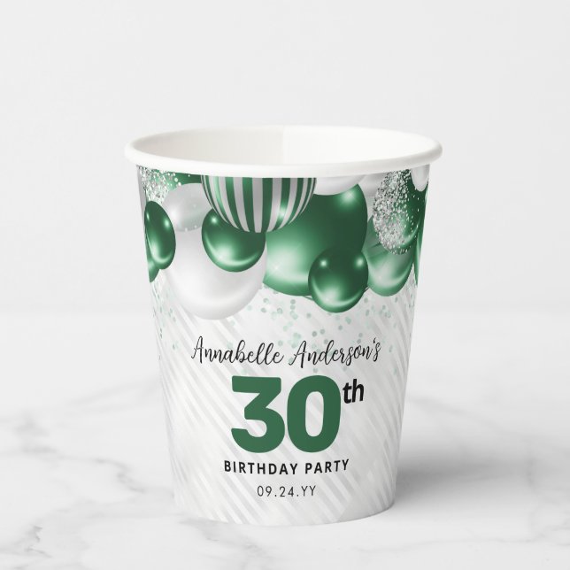 Vasos De Papel Glam Emerald Green Silver Balloon Purpurina Cumple (Izquierda)
