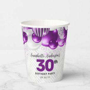Vasos De Papel Glam Morple Violet Silver Purpurina de globo Cumpl