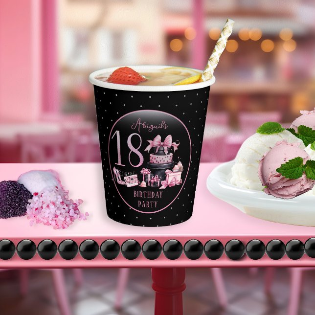 Vasos De Papel Glam Pink Black Fashion 18th Birthday Party (Glam Pink and Black French Couture Fashion 18th Birthday Party Paper Cups)