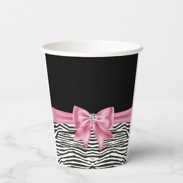 Vasos De Papel Glam Pink Bow Diamond Zebra Imprimir negro (Reverso )