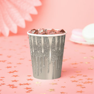 Vasos De Papel Glam Rosa Gold Champagne Rubor Purpurinas Drips