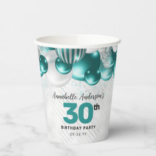 Vasos De Papel Glam Verde azulado Green Silver Balloon Purpurina 