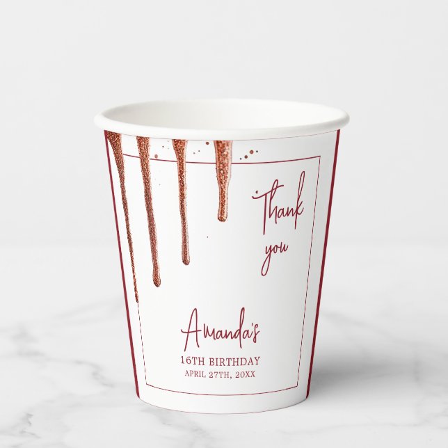 Vasos De Papel Glamoroso Rosa Oro Purpurina Drip Sweet 16 Cumplea (Anverso)