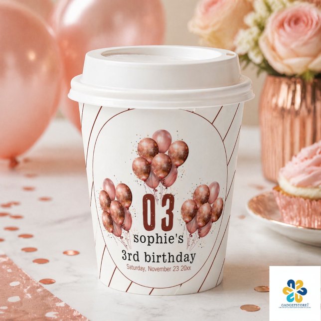 Vasos De Papel Glitter de acuarela Rosa Oro globo 3 cumpleaños (Watercolor Glitter Rose Gold balloon 3rd birthday Paper Cups)
