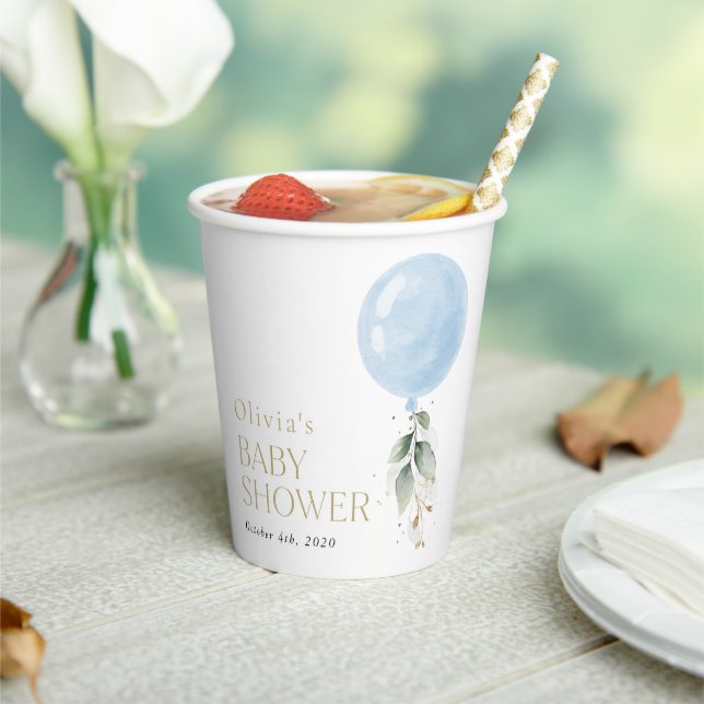 Vasos De Papel Globo azul, eucalipto, vegetación, Baby Shower (in situ)