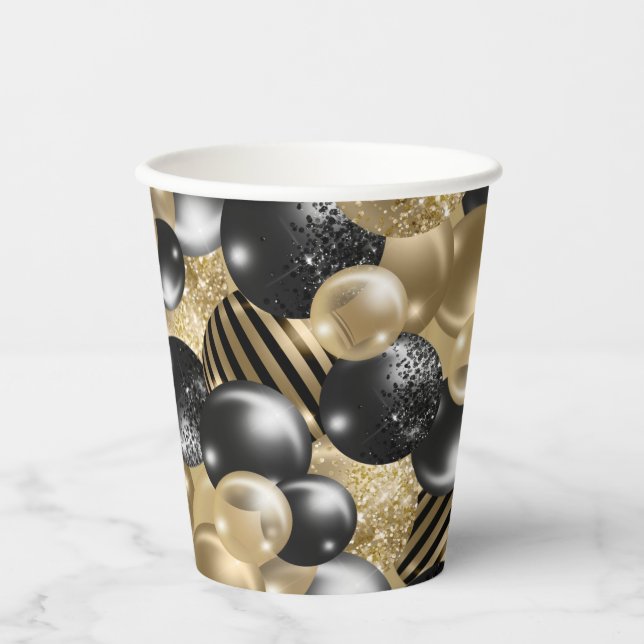 Vasos De Papel Globo de oro negro moderno 50 cumpleaños (Anverso)