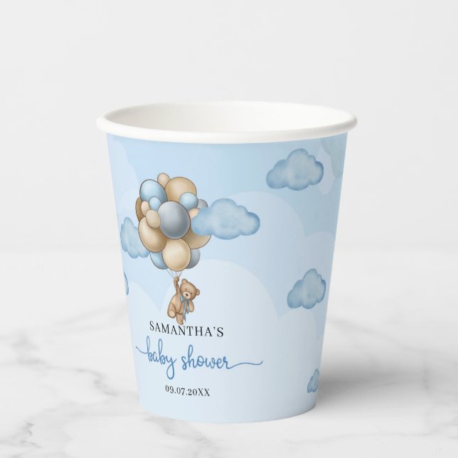 Vasos De Papel Globos beige azul de oso de peluche ducha de bebé (Anverso)