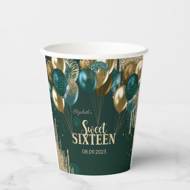Vasos De Papel Globos con gotas brillantes de oro Dulces 16 verde (Anverso)