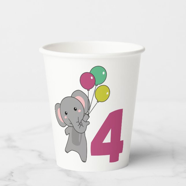 Vasos De Papel Globos De Elefante De Cuarto Cumpleaños Para Niños (Anverso)