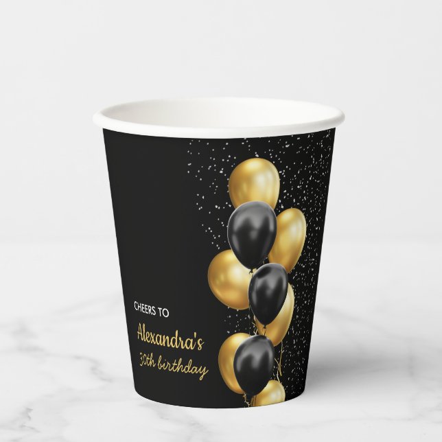 Vasos De Papel Globos de Oro Negro Chic Brindis por Cumpleaños (Anverso)