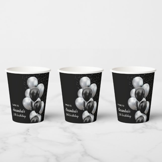 Vasos De Papel Globos Negros Grises Chic Cheers al Cumpleaños (Multi)