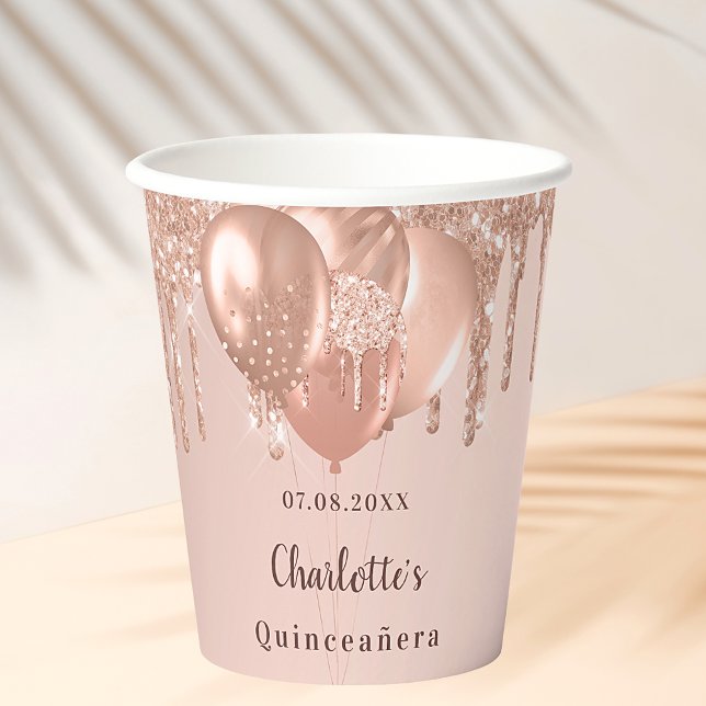 Vasos De Papel Globos rosa de purpurina de oro de Quinceanera (Subido por el creador)