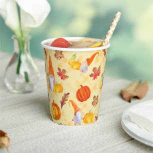Vasos De Papel Gnomes De Acuarela, Calabazas Y Hojas