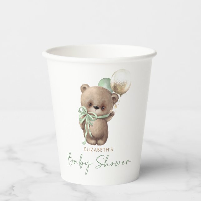Vasos De Papel Gold Brown Sage Green Teddy Bear Baby Shower (Anverso)