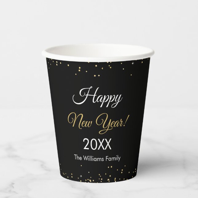 Vasos De Papel Gold Glitter Happy New Year Black Party (Anverso)