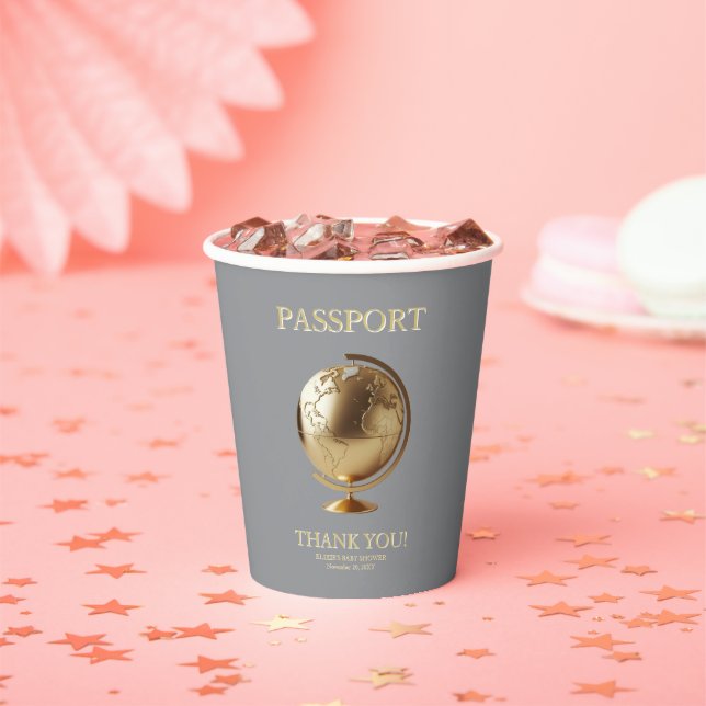Vasos De Papel Gold Globe Passport Travel Baby Shower (in situ)
