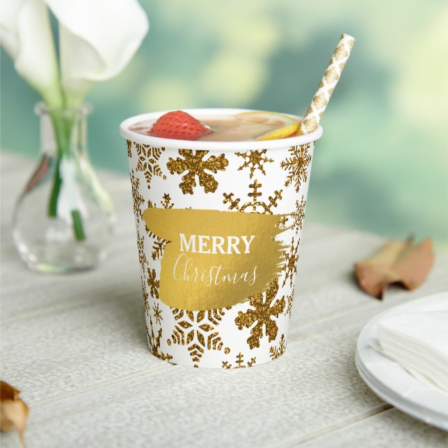 Vasos De Papel Golden Sparkling Snowflakes Feliz Navidad (in situ)