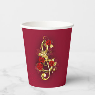 Vasos De Papel Golden Treble Clef con flores Rosas