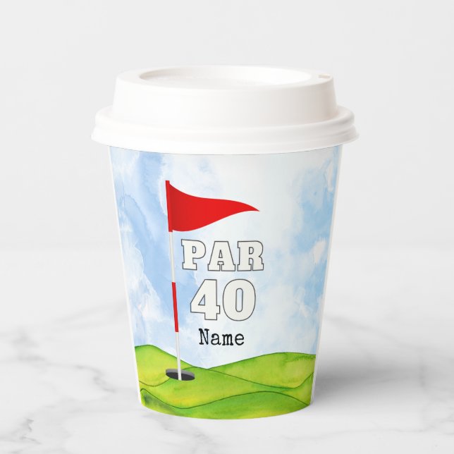 Vasos De Papel Golf 40 Aniversario al golfista con bandera de gol (Anverso)