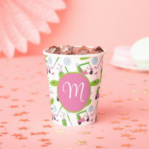 Vasos De Papel Golf rosa y verde personalizado monogramado