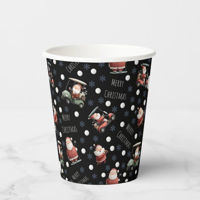 Vasos De Papel Golfing Santa sobre Black (Anverso)