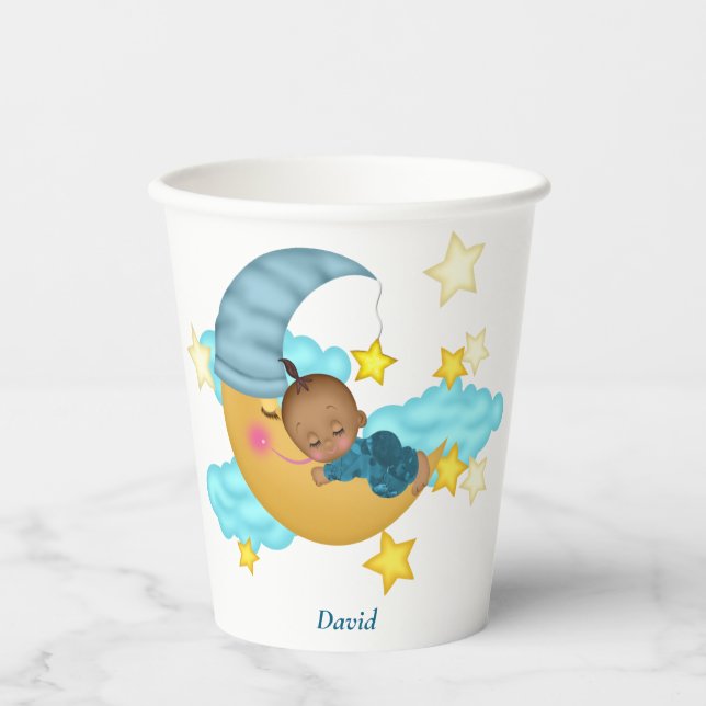 Vasos De Papel Gorra azul claro bebé en un papel lunar (Anverso)