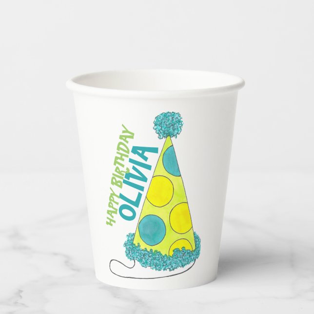 Vasos De Papel Gorras del Fiesta Polka Dot Feliz Cumpleaños (Anverso)