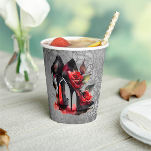 Vasos De Papel Gótico Fashionista Rojo abajo Stilettos con Rosas