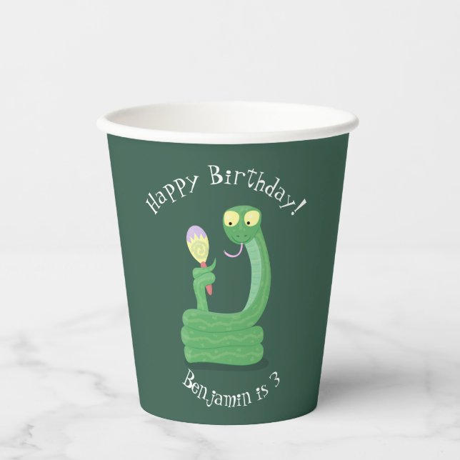 Vasos De Papel Graciosa serpiente verde con maraca personalizado (Anverso)