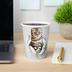Vasos De Papel Gracioso Gato Gris recorriendo la ilusión de papel