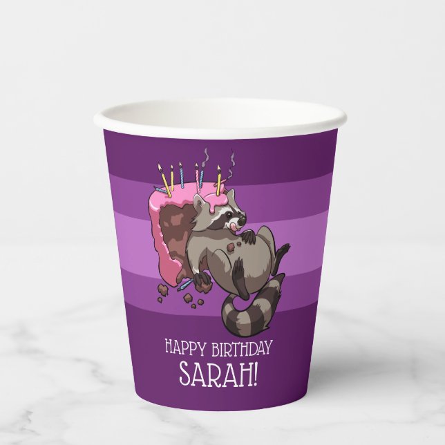 Vasos De Papel Gracioso Raccoon Feliz Cumpleaños Añadir tu Nombre (Anverso)